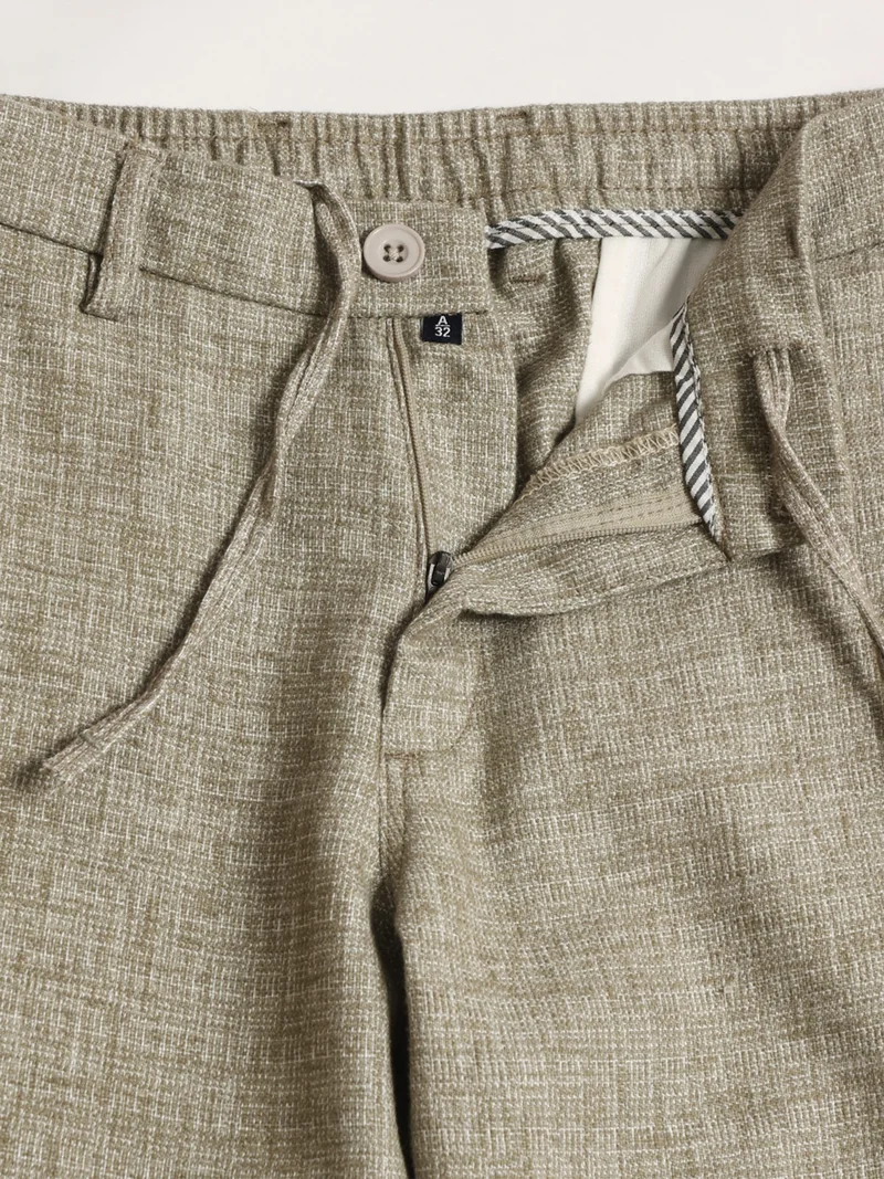 Maniac  Maniac Mens Solid Olive Elastic Linen Cotton Blend Trouser for Men | Best Price UAE